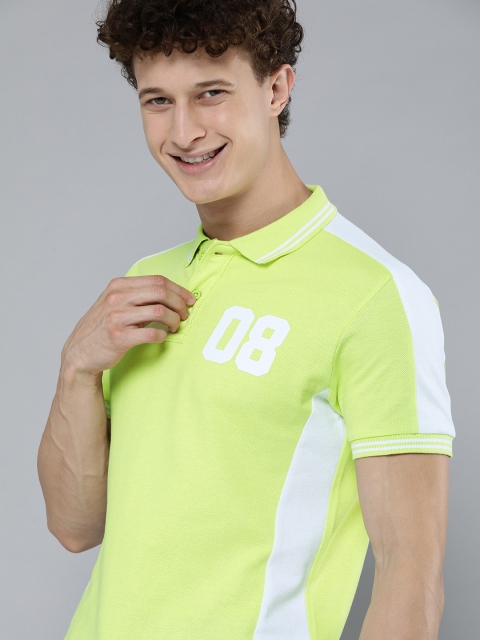 

HERENOW Men Lime Green Polo Collar Pure Cotton T-shirt with Contrast Panels