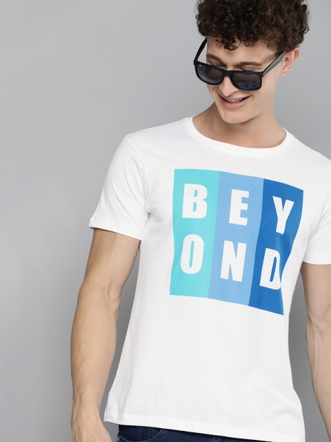 

HERENOW Men White Blue Printed Pure Cotton T-shirt