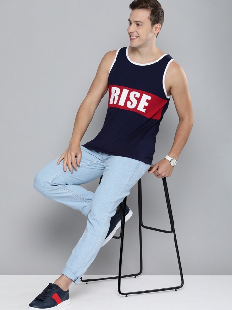 

HERENOW Men Blue Red Typography Printed Round Neck Sleeveless Pure Cotton T-shirt