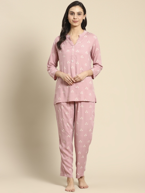 

Prakrti Women Pink & Off White Printed Pyjamas Set