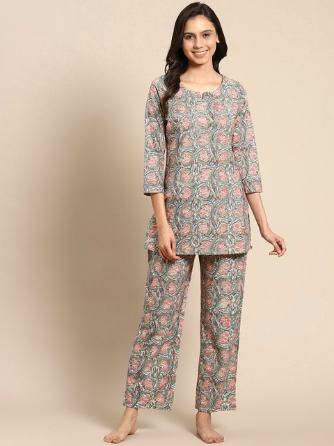 

Prakrti Women Grey & Pink Ethnic Motifs Printed Pure Cotton Night suit