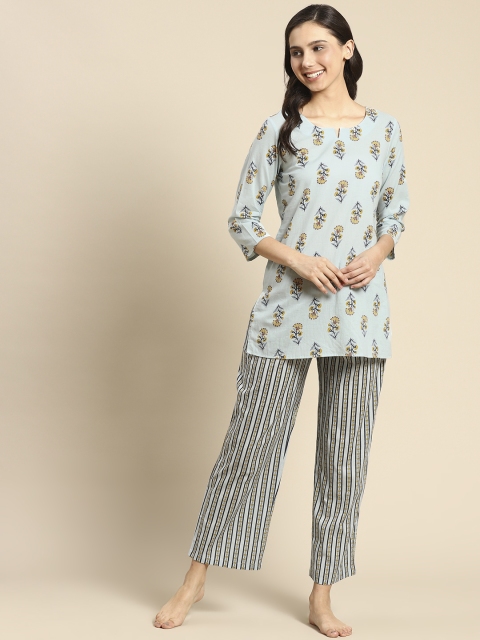 

Prakrti Women Blue & Mustard Yellow Pure Cotton Printed Pyjama Set