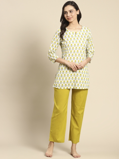 

Prakrti Women White & Green Ethnic Motifs Print Cotton Pyjamas Set