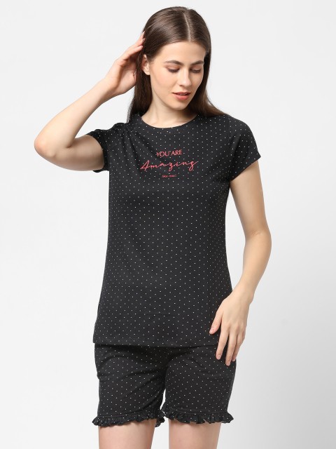 

Sweet Dreams Women Black & White Polka dot Printed Night suit