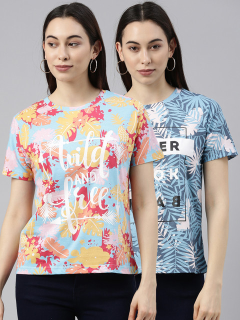 

JUNEBERRY Women Pack of 2 Multicoloured Floral Printed T-shirt, Multi