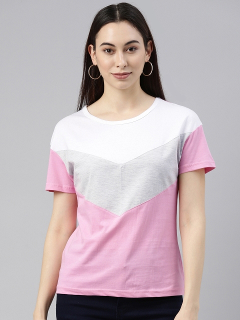 

JUNEBERRY Women Pink & Grey Melange Colourblocked T-shirt
