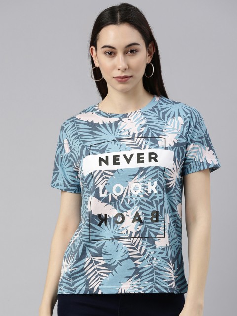 

JUNEBERRY Women Blue Tropical Printed T-shirt