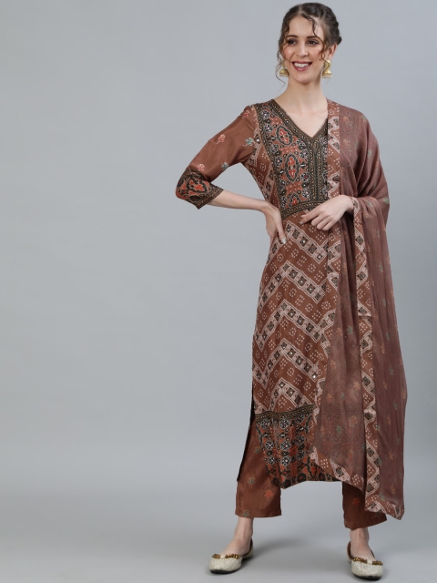 

Ishin Women Brown Ethnic Motifs Embroidered Pure Silk Kurta with Trousers & Dupatta