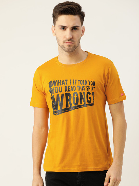 

PRINTOCTOPUS Men Mustard Yellow Pure Cotton Typography Printed Pure Cotton T-shirt