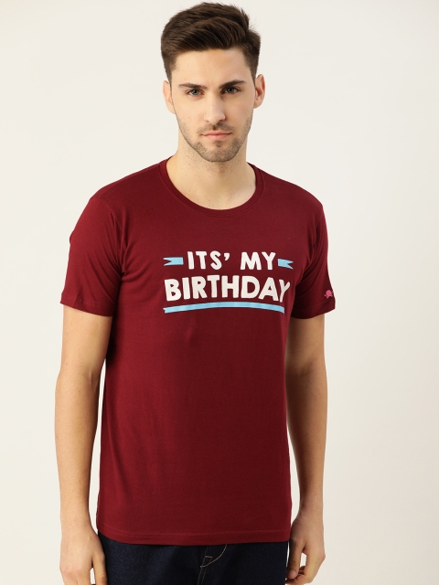 

PRINTOCTOPUS Men Maroon & White Typography Printed Pure Cotton T-shirt