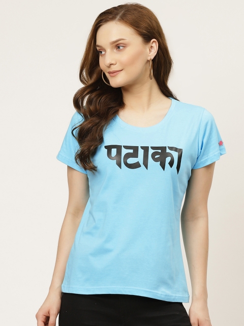 

PRINTOCTOPUS Women Blue & Black Cotton Typography Printed T-shirt