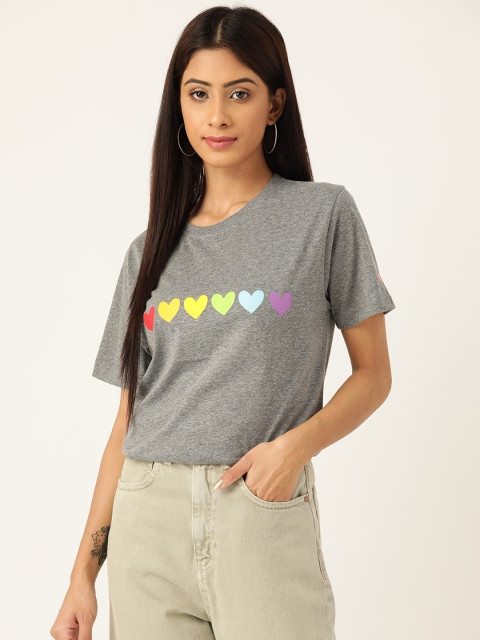 

PRINTOCTOPUS Women Grey Melange & Yellow Pure Cotton Printed T-shirt