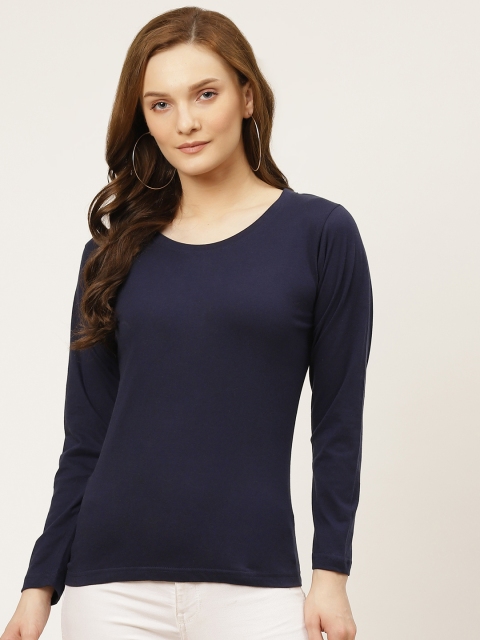 

PRINTOCTOPUS Women Navy Blue Solid Cotton T-shirt