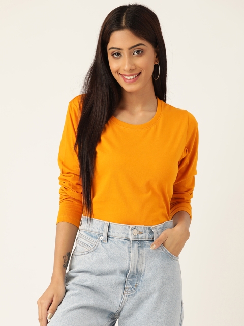 

PRINTOCTOPUS Women Mustard Yellow Solid Pure Cotton T-Shirt