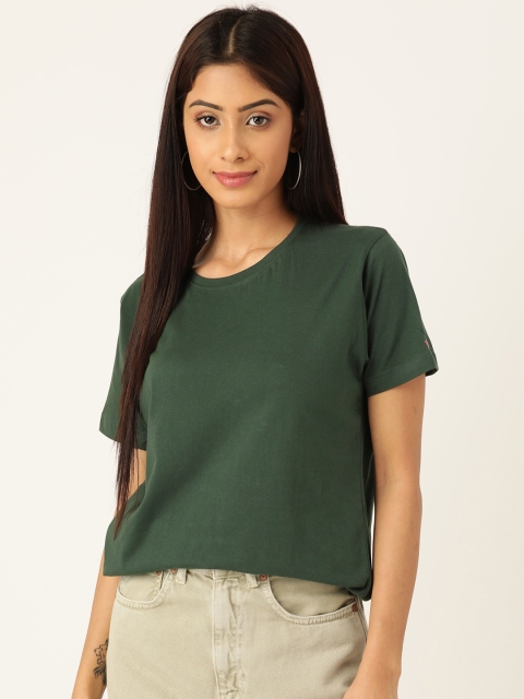 

PRINTOCTOPUS Women Green Solid Pure Cotton T-Shirt