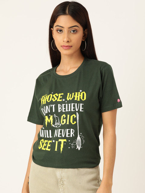 

PRINTOCTOPUS Women Green & Yellow Pure Cotton Printed T-shirt