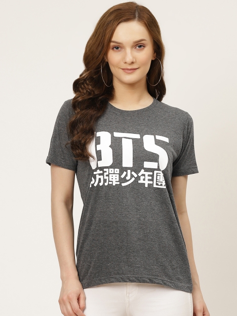 

PRINTOCTOPUS Women Charcoal Grey & White Cotton Typography Printed T-shirt
