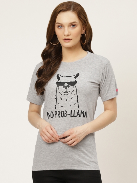 

PRINTOCTOPUS Women Grey & Black Cotton Printed T-shirt