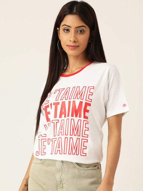 

PRINTOCTOPUS Women White & Red Pure Cotton Printed T-shirt