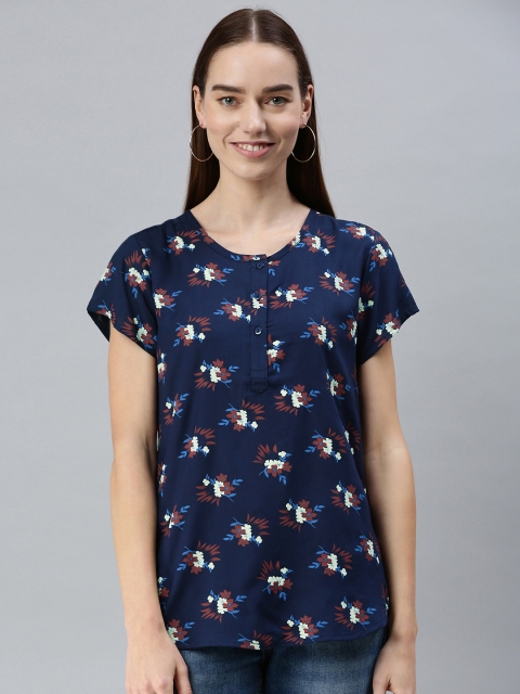 

NOT YET by us Navy Blue & Maroon Floral Regular Top