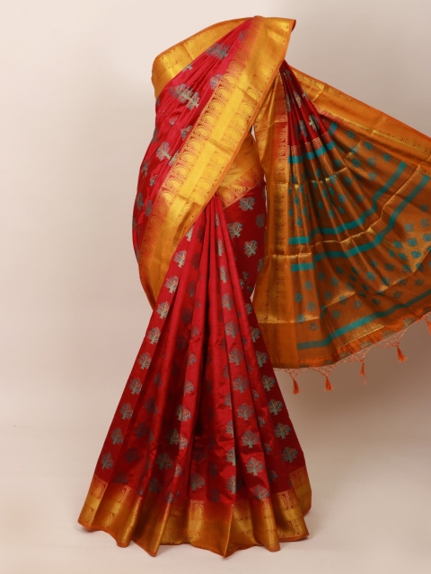 

Pothys Red & Mustard Yellow Ethnic Motifs Printed Zari Dupion Silk Saree