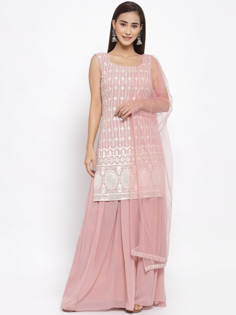

KHALOM Women Pink Lucknowi Embroidered Mirror Work Kurta with Sharara & Dupatta