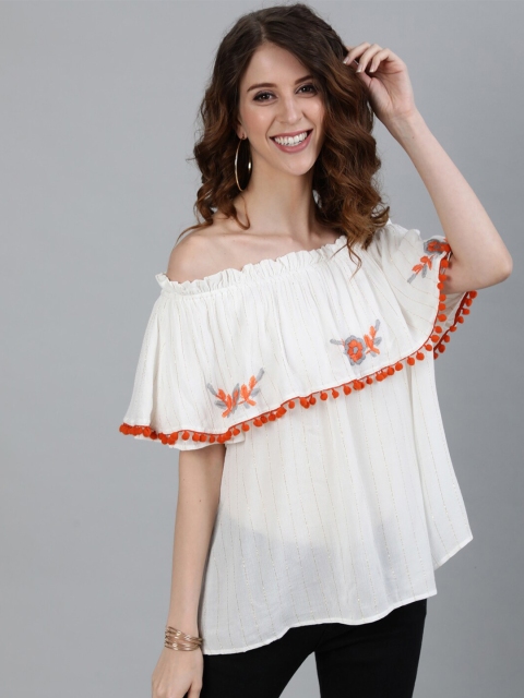 

Ishin Off White Floral Embroidered Off-Shoulder Crepe Bardot Top