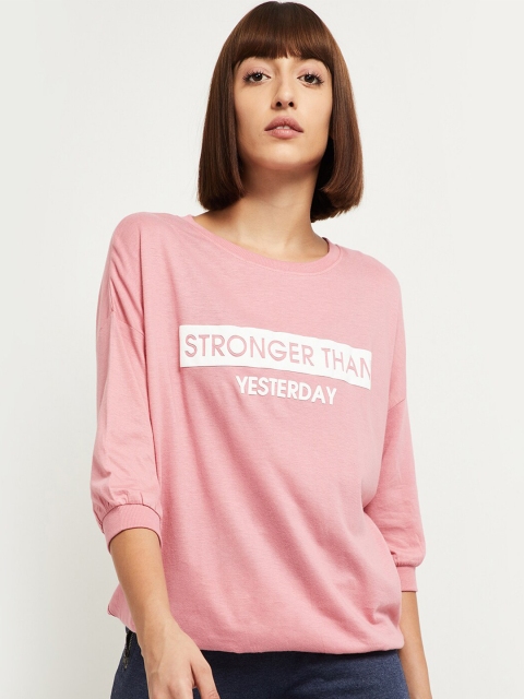 

max Women Pink Typography Printed Drop-Shoulder Sleeves T-shirt
