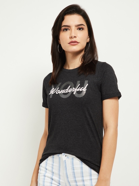 

max Women Charcoal Grey Typography Printed T-shirt