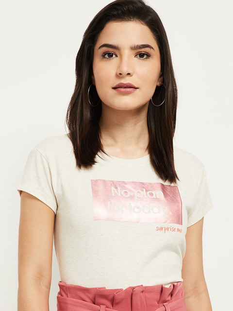 

max Women Beige Typography Printed T-shirt