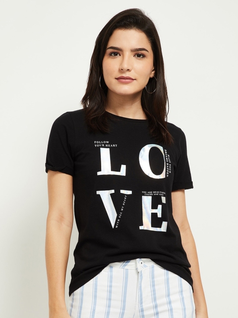 

max Women Black Typography Printed T-shirt