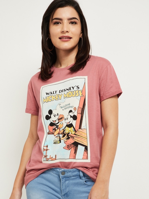 

max Women Pink Mickey Mouse Printed T-shirt
