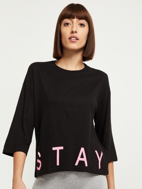 

max Women Black Typography Drop-Shoulder Sleeves Applique T-shirt