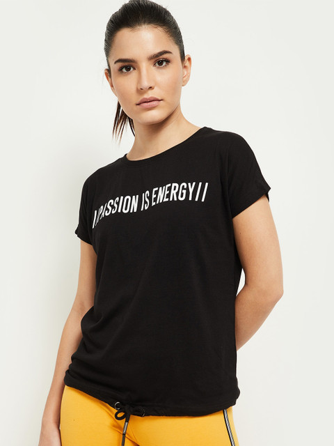 

max Women Black Typography Printed Extended Sleeves T-shirt