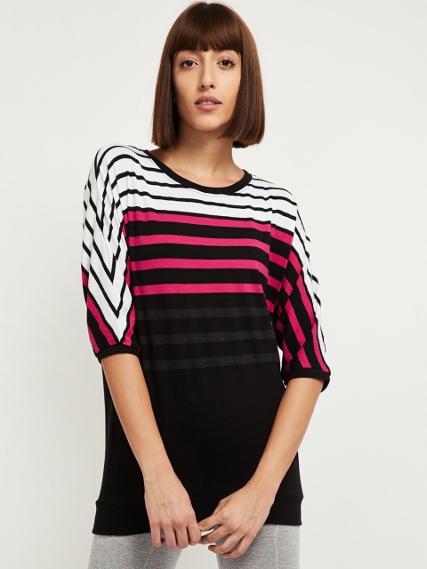 

max Women Fuchsia Pink & Black Striped Cotton T-shirt