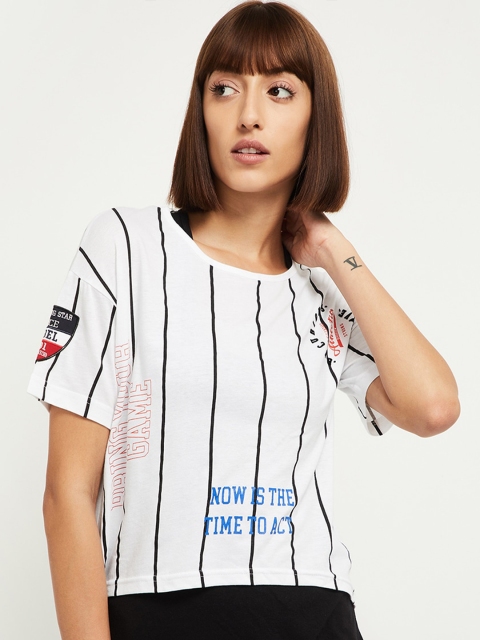 

max Women White Typography Striped Monochrome T-shirt