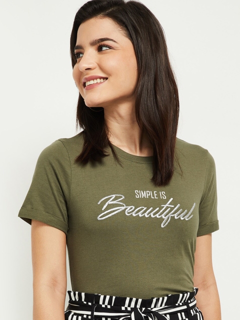 

max Women Olive Green Typography Printed T-shirt