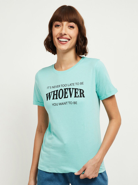 

max Women Blue Typography Printed Cotton T-shirt