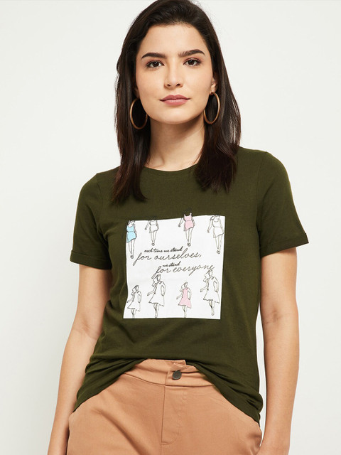 

max Women Green Graphic Printed Monochrome T-shirt