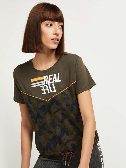 

max Women Olive Green Camouflage Printed Cotton T-shirt