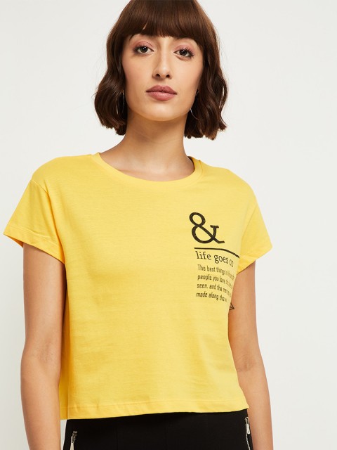 

max Women Yellow Typography Printed T-shirt