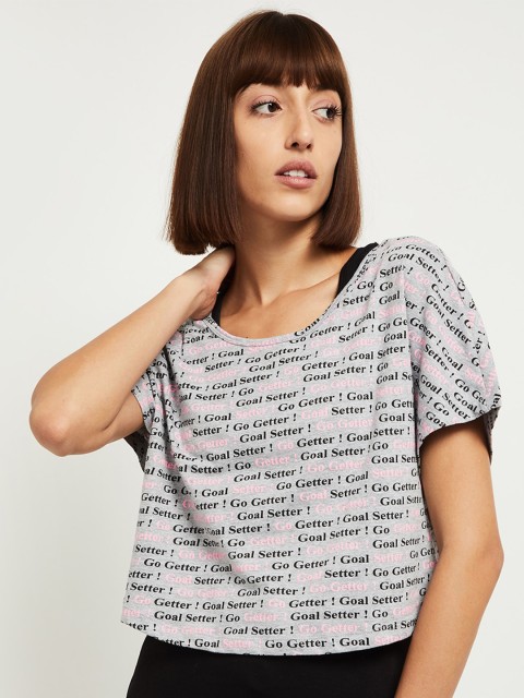 

max Women Grey Melange Typography Printed V-Neck Raw Edge T-shirt