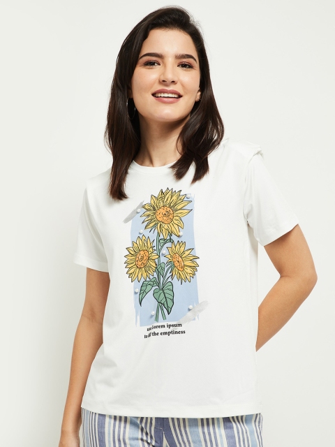 

max Women Cream-Coloured Floral Printed T-shirt