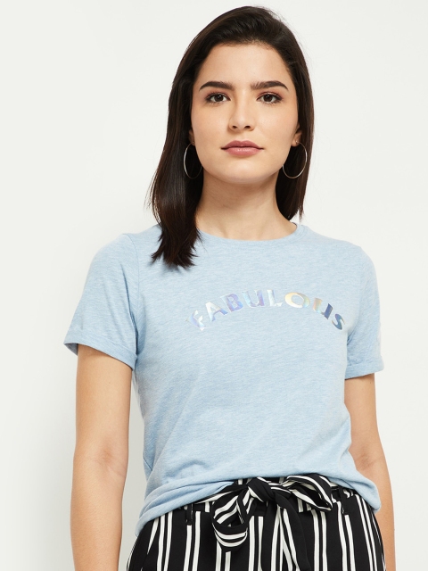 

max Women Blue Typography Printed T-shirt