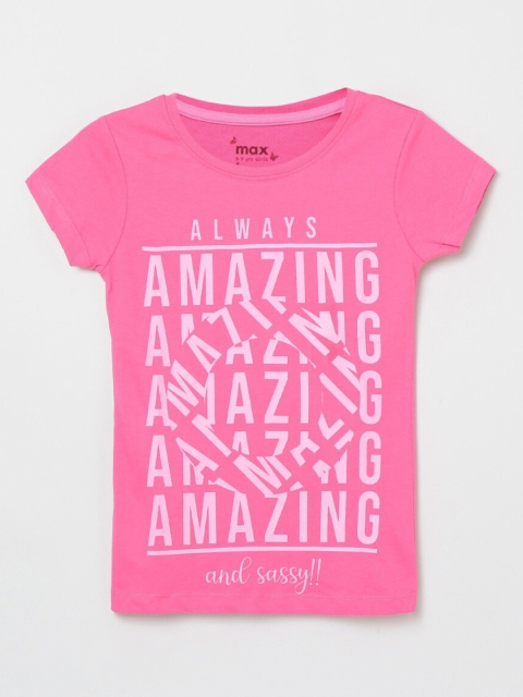 

max Girls Pink Typography Printed Pure Cotton T-shirt