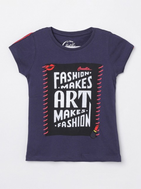 

max Girls Blue Typography Printed T-shirt
