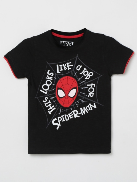 

max Boys Black Typography Spider-man Printed Pure Cotton T-shirt