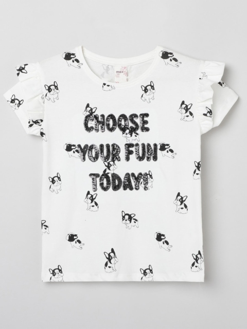 

max Girls Cream-Coloured Black Printed Embellished Cotton Pure Cotton T-shirt