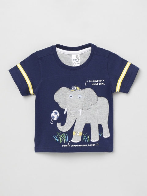 

max Boys Navy Blue Grey Applique Cotton Pure Cotton T-shirt