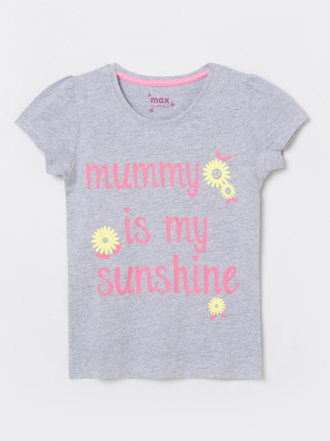 

max Girls Grey Typography Printed V-Neck Applique T-shirt